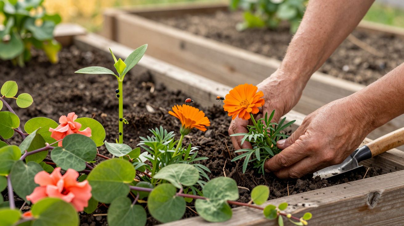 Manos plantando flores naranjas en un huerto elevado de madera, con tierra y otras plantas alrededor.
