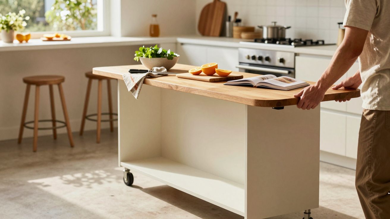 Cocina luminosa con isla rodante, libro de recetas abierto y naranjas cortadas.