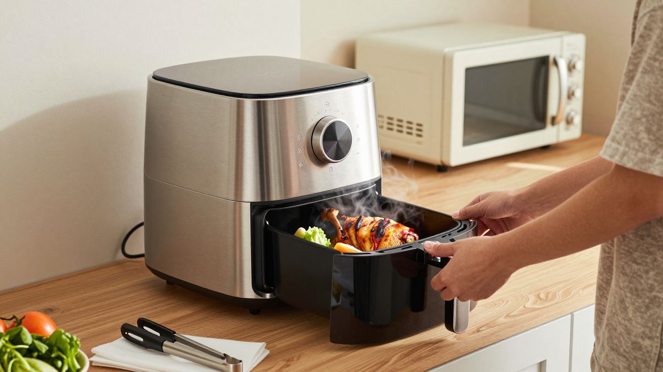 Persona sacando pollo cocido de una freidora de aire en una cocina moderna con microondas en el fondo.