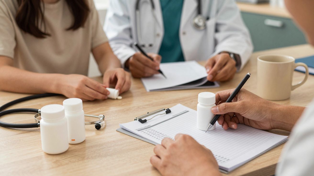 Personas revisando documentos médicos con pastillas y estetoscopio en la mesa.