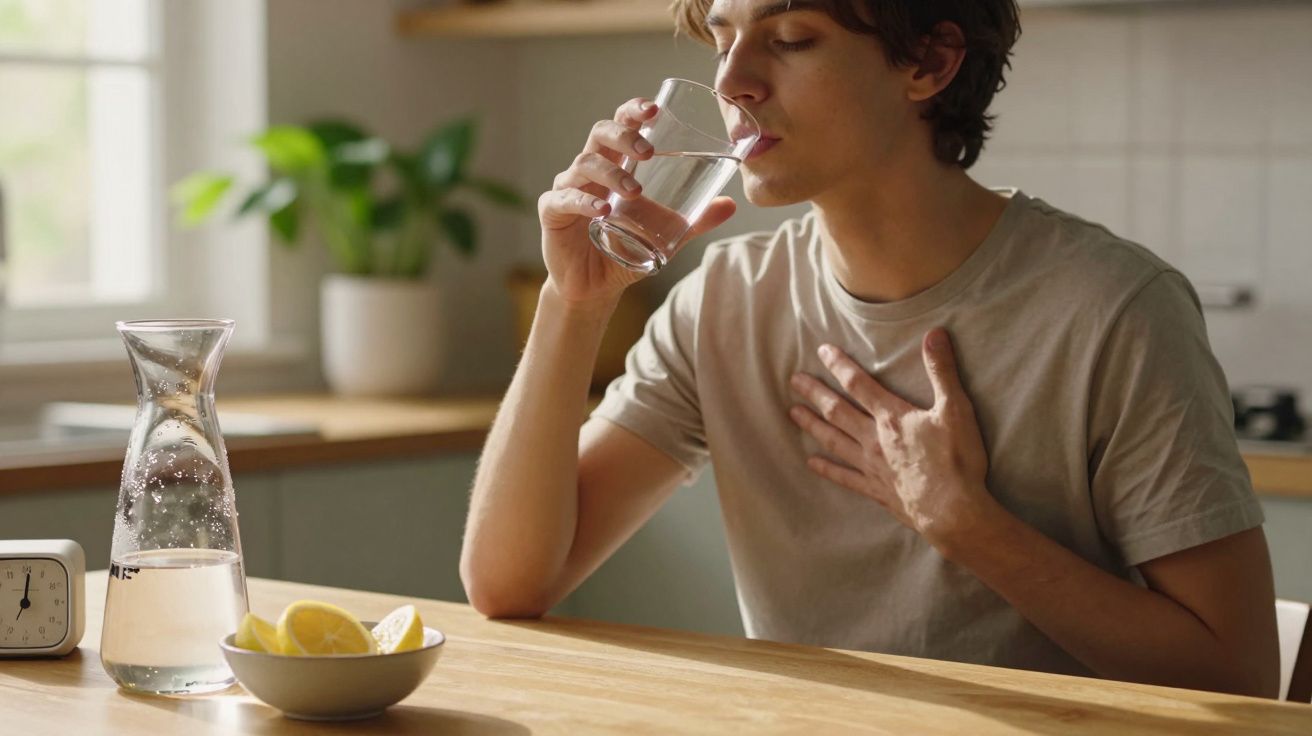Persona bebiendo agua de un vaso en la cocina, con una jarra de agua y un bol de limones sobre la mesa.
