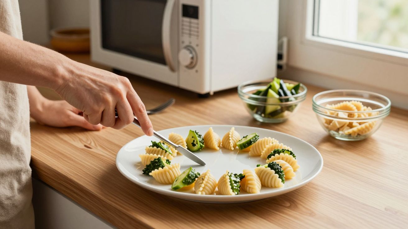 Mano cortando encurtidos arreglados en forma de espiral en un plato blanco sobre una encimera de madera junto a un microondas