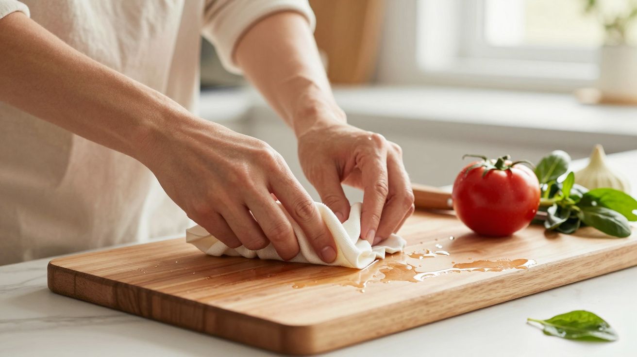 Manos limpiando tabla de cortar con tomate, ajo y hojas verdes al lado.