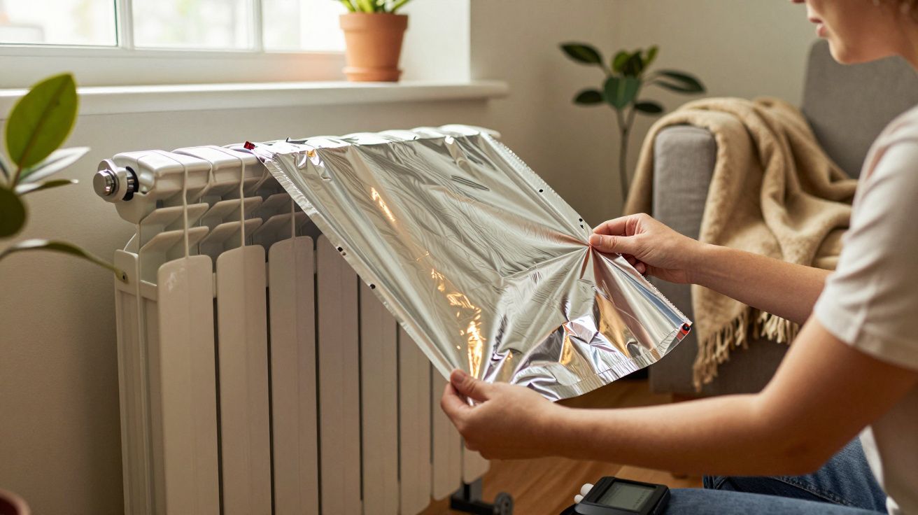 Persona colocando papel reflectante detrás de un radiador en una sala de estar con plantas y sofá al fondo.
