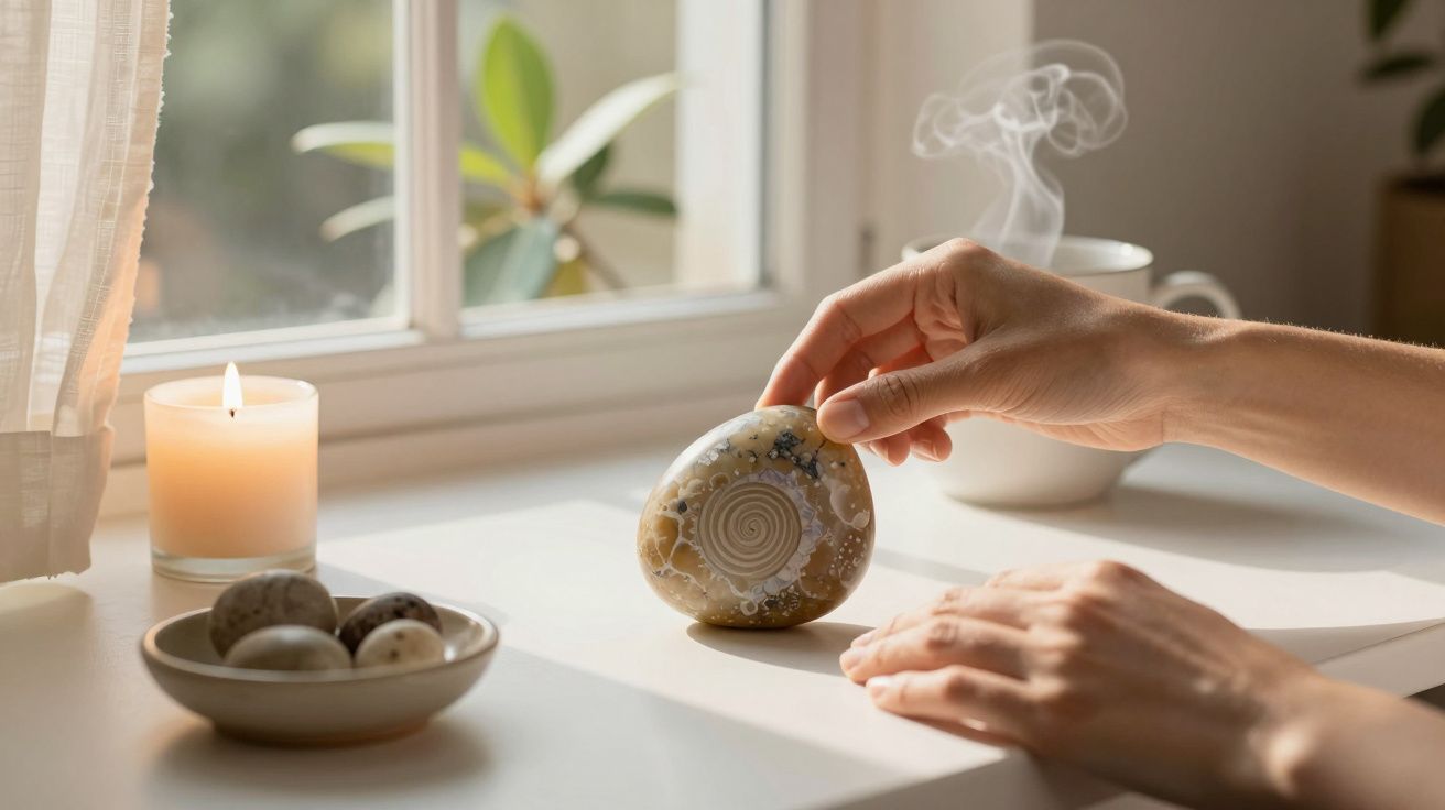 Manos sostienen una piedra decorativa sobre una mesa junto a una vela encendida y un cuenco de piedras. Ventana al fondo.
