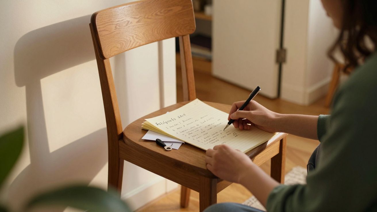 Persona escribiendo en un bloc de notas apoyado sobre una silla de madera en una habitación iluminada.