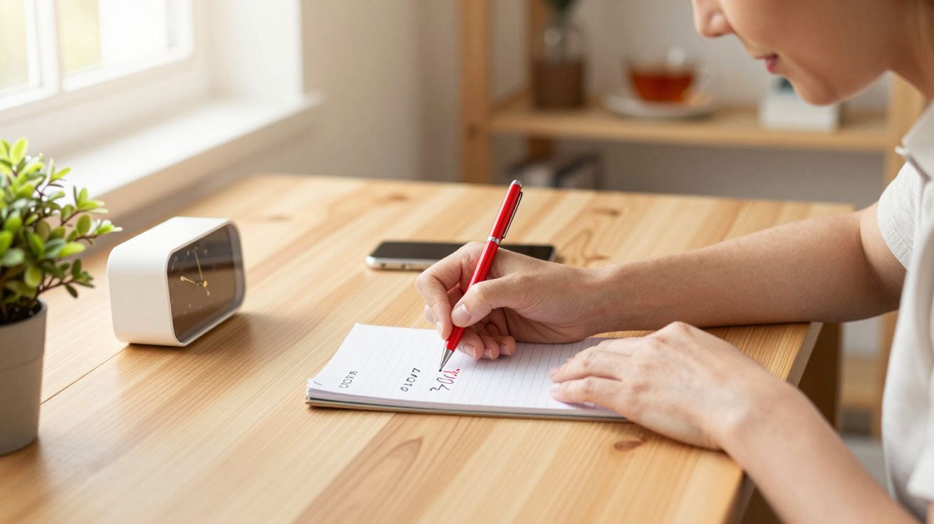 Persona escribiendo en una libreta sobre un escritorio de madera, con un reloj, móvil y planta en el fondo.
