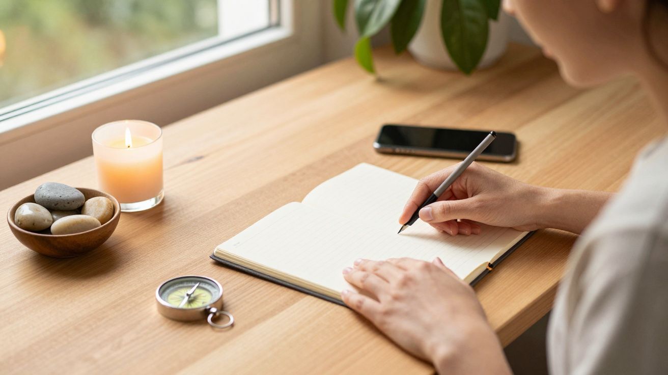 Persona escribiendo en un cuaderno junto a una vela, piedras, y un teléfono en una mesa de madera.