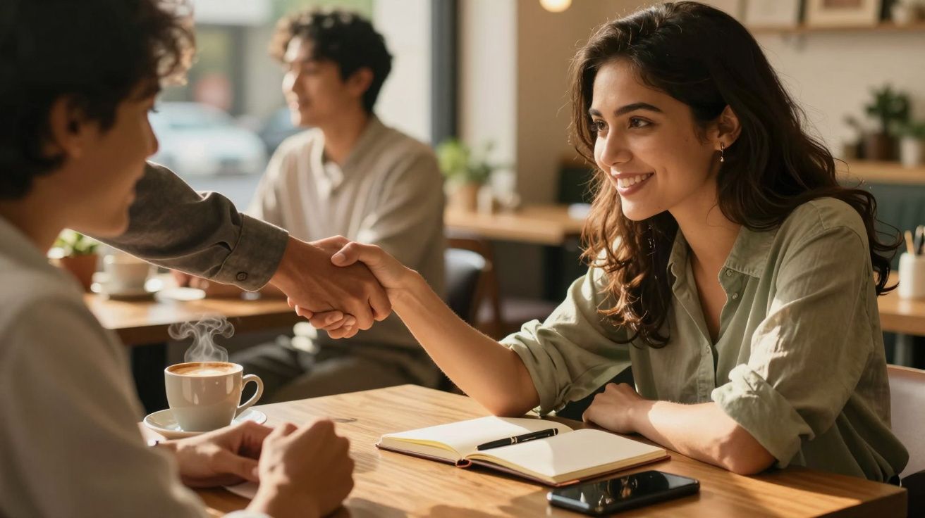 Dos personas saludándose con apretón de manos en una cafetería, sonrientes, con tazas de café y un cuaderno sobre la mesa.
