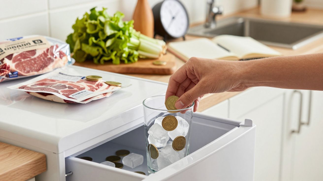 Mano colocando monedas en un vaso con hielo en un congelador, junto a carne empaquetada y lechuga en la cocina.