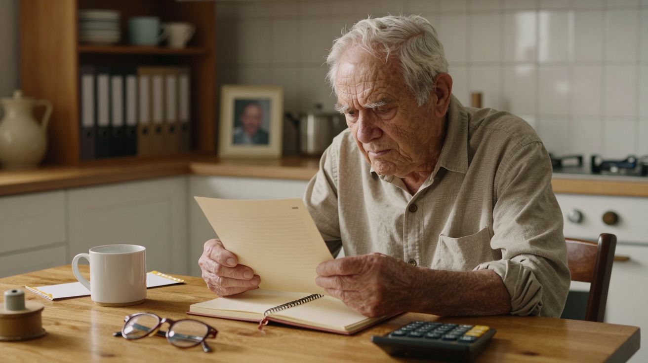 Anciano leyendo una carta en la cocina, con gafas, calculadora y taza sobre la mesa.