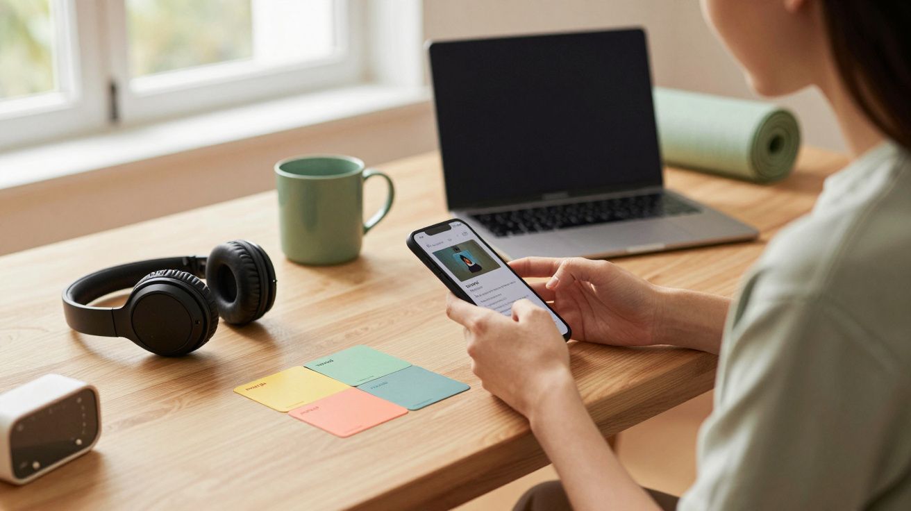 Persona usando un móvil en escritorio con portátil, auriculares, notas de colores y una taza, junto a ventana iluminada.