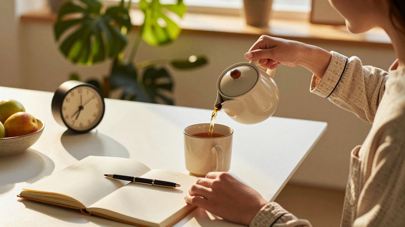 Persona vertiendo té en una taza junto a un cuaderno con bolígrafo, un reloj y un cuenco de frutas sobre la mesa.
