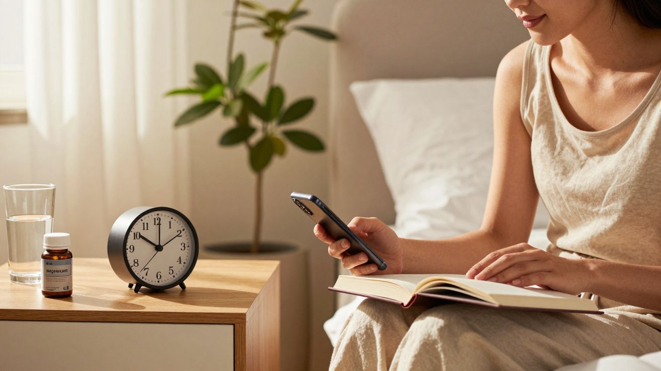 Mujer sentada en cama leyendo, revisando su móvil. Mesa de noche con reloj, vaso de agua y pastillas.