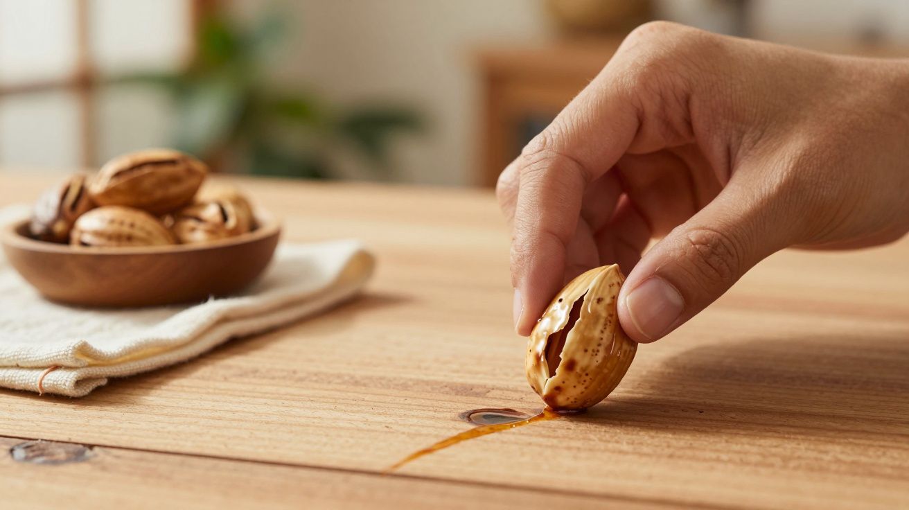 Mano sosteniendo una cáscara de nuez sobre una mesa de madera, con un cuenco de nueces al fondo.
