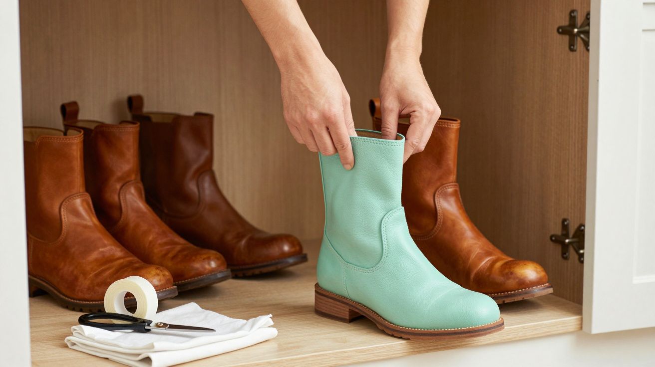 Manos colocando botas verdes en un armario junto a varias botas marrones, con tijeras y cinta adhesiva al lado.