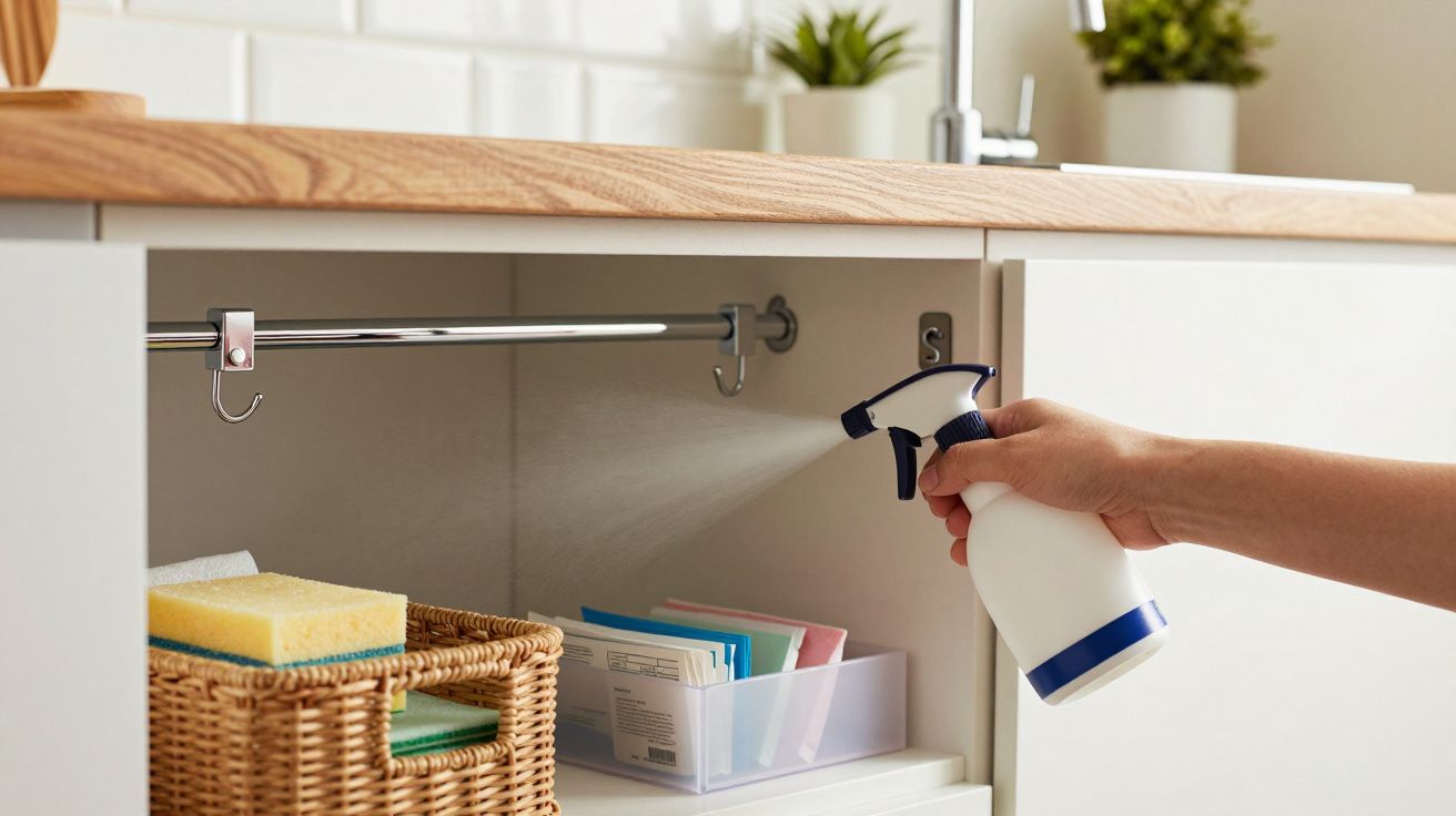 Mano rociando producto de limpieza bajo fregadero, junto a esponjas y cajas organizadoras.
