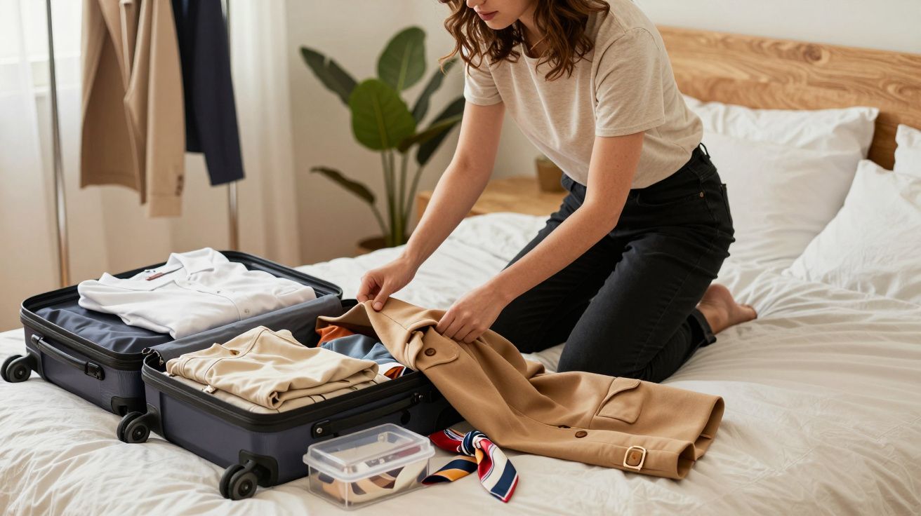 Mujer empacando ropa en una maleta abierta sobre la cama, con planta de interior de fondo.