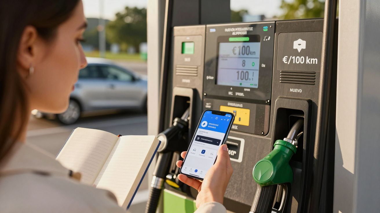 Mujer usando el móvil y sosteniendo un cuaderno en una gasolinera.