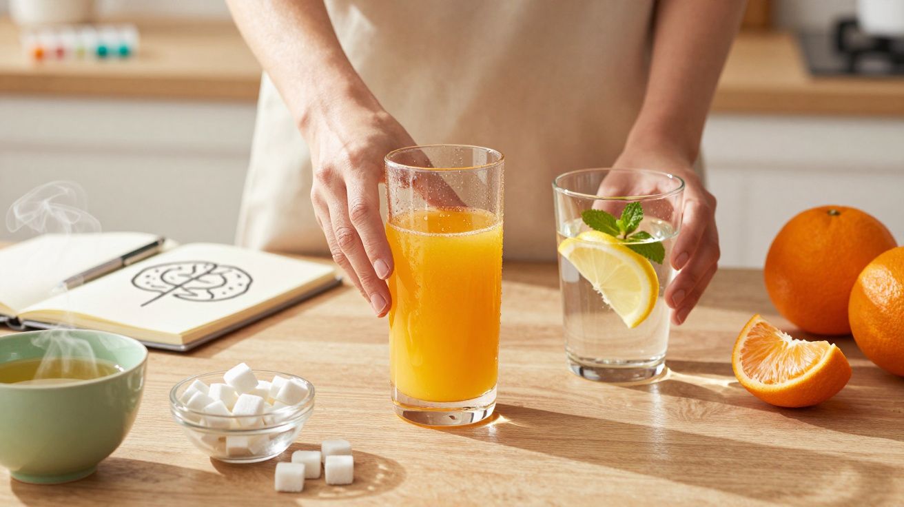 Manos sirviendo zumo de naranja en la cocina, con té, azúcar, agua con limón y naranjas sobre la mesa de madera.