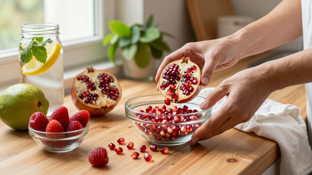 Persona desgranando una granada sobre un bol en una cocina, con frambuesas y un vaso de agua con limón de fondo.