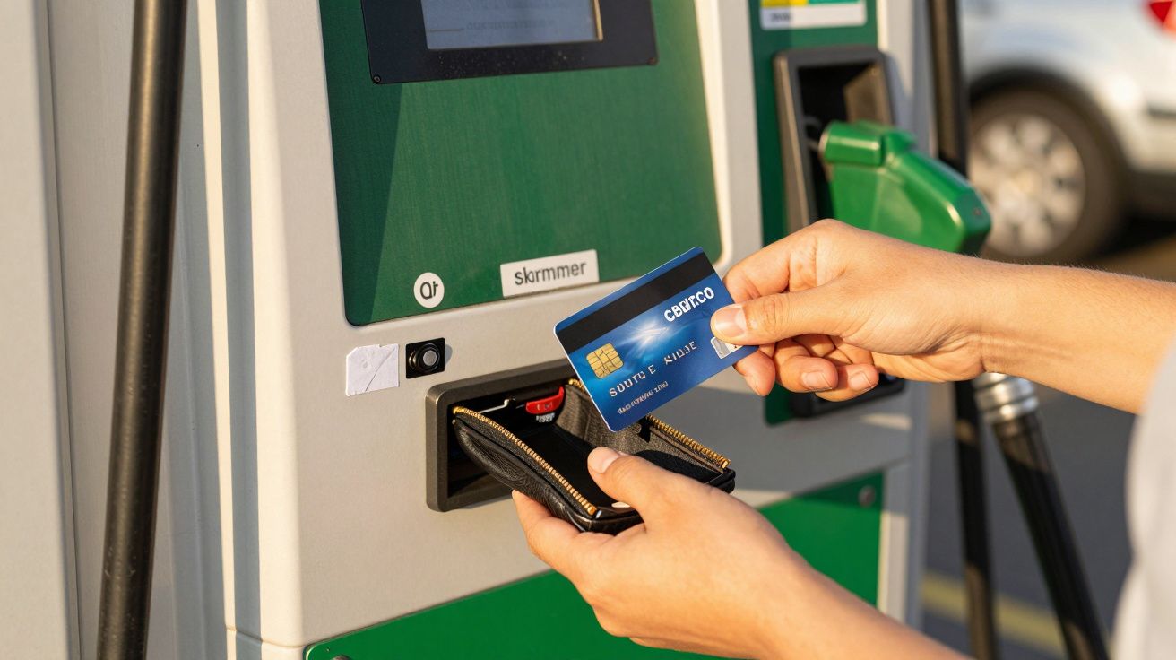 Persona pagando en surtidor de gasolina con tarjeta de crédito azul y billetera abierta.