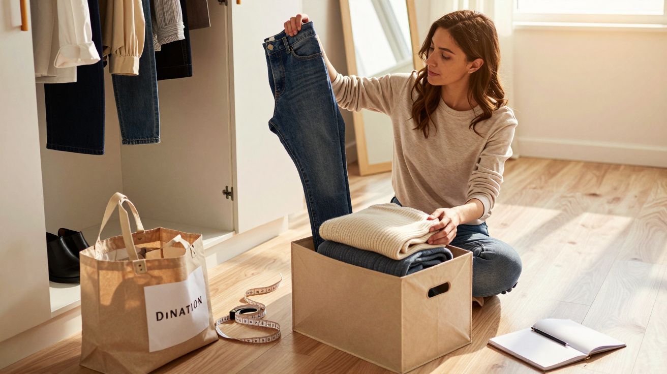 Mujer organizando ropa en una caja en una habitación luminosa, con bolsos y cinta métrica alrededor.
