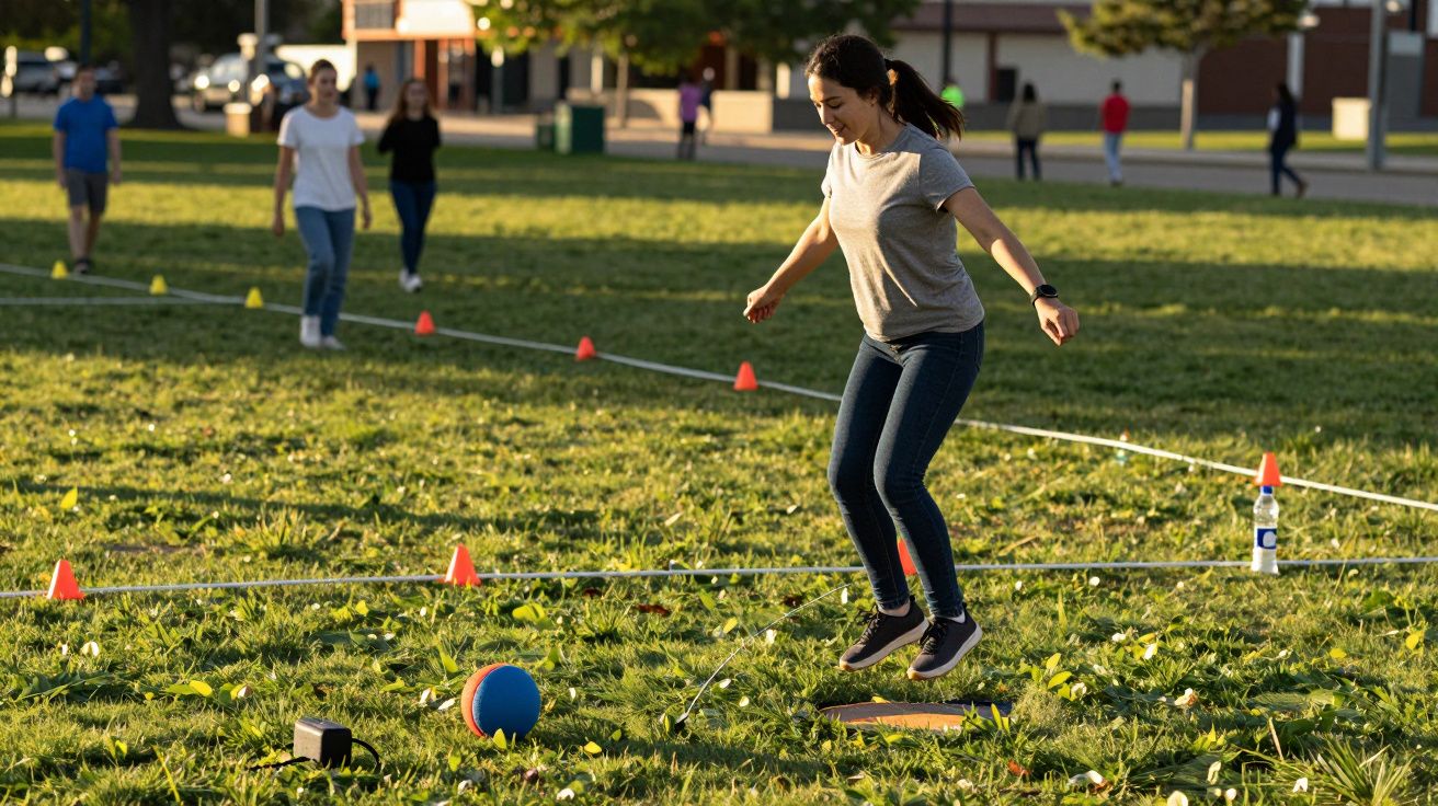 Mujer saltando en un campo con conos y pelotas mientras unas personas caminan al fondo en un día soleado.