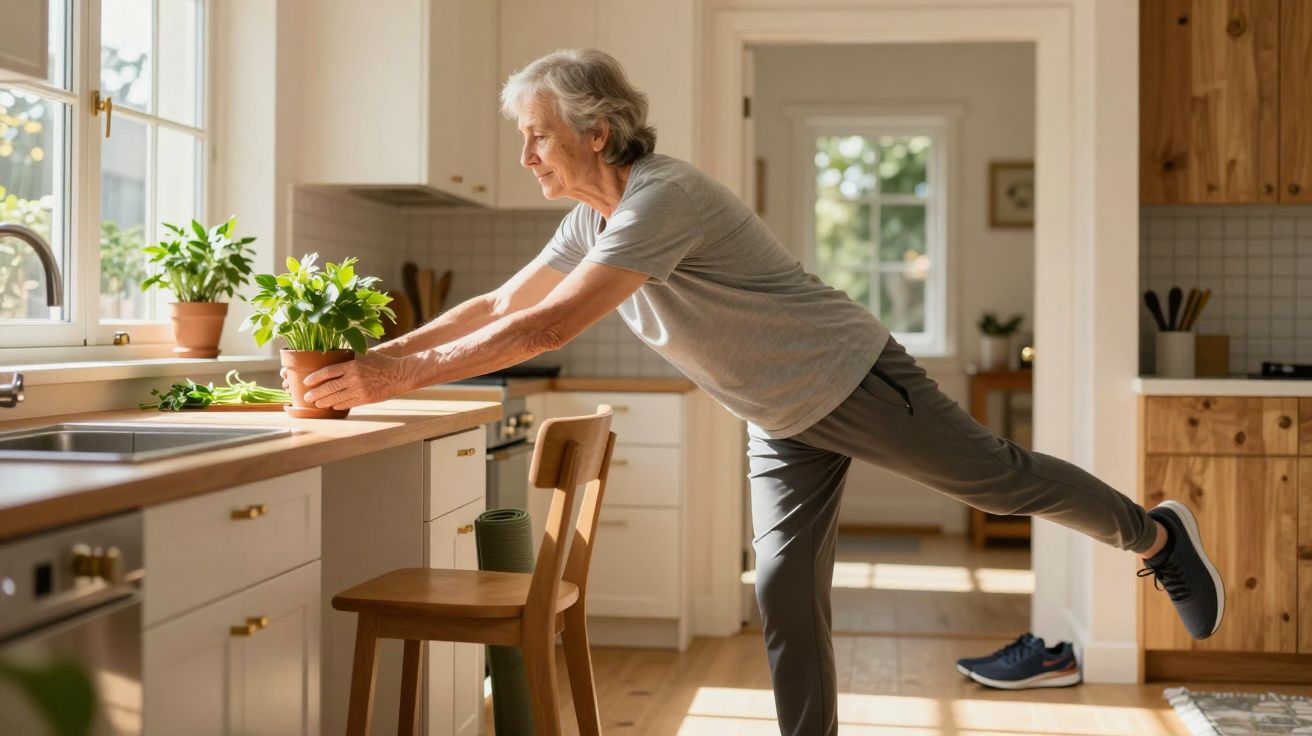 Persona mayor practicando equilibrio en la cocina, apoyada en una encimera con plantas, en posición de estiramiento.