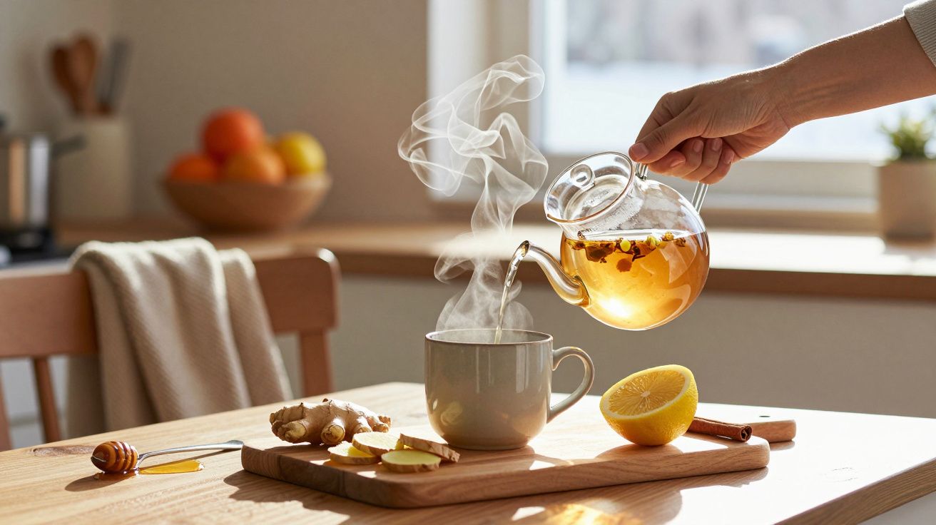 Mano sirviendo té humeante en una taza, con limón y jengibre en una tabla de cortar.