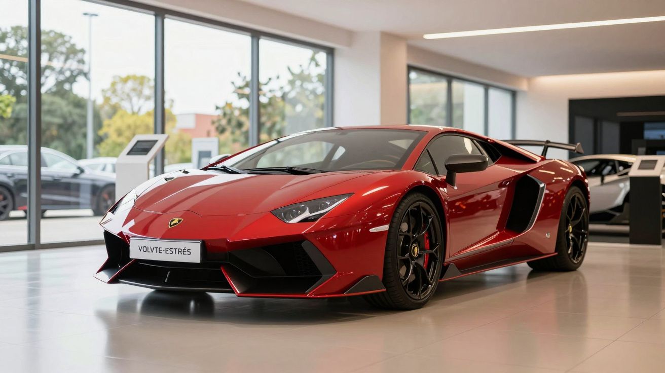 Coche deportivo rojo en un concesionario con grandes ventanas y coches oscuros en el fondo.