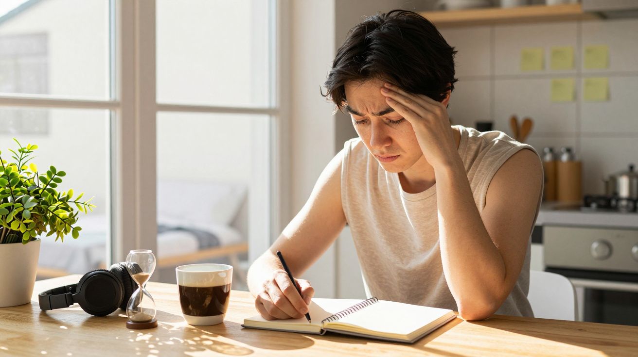 Persona escribiendo en un cuaderno en una cocina iluminada, con expresión pensativa y sujetándose la frente.