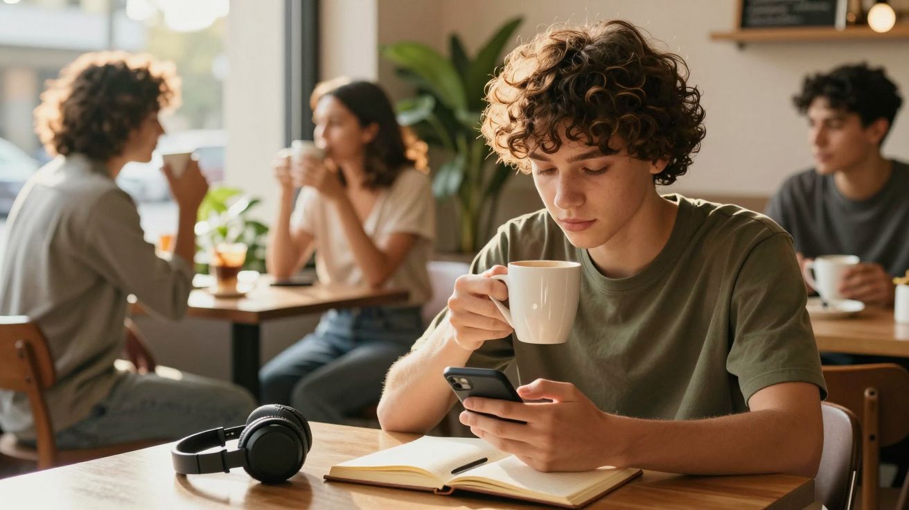 Joven con rizo toma café mientras mira su móvil en una cafetería, con cuaderno y auriculares en la mesa.