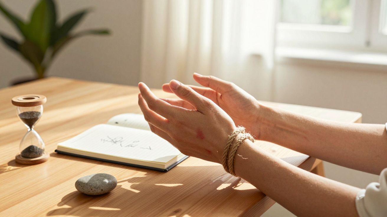 Manos extendidas sobre mesa de madera con cuaderno, reloj de arena y piedra, junto a ventana iluminada.