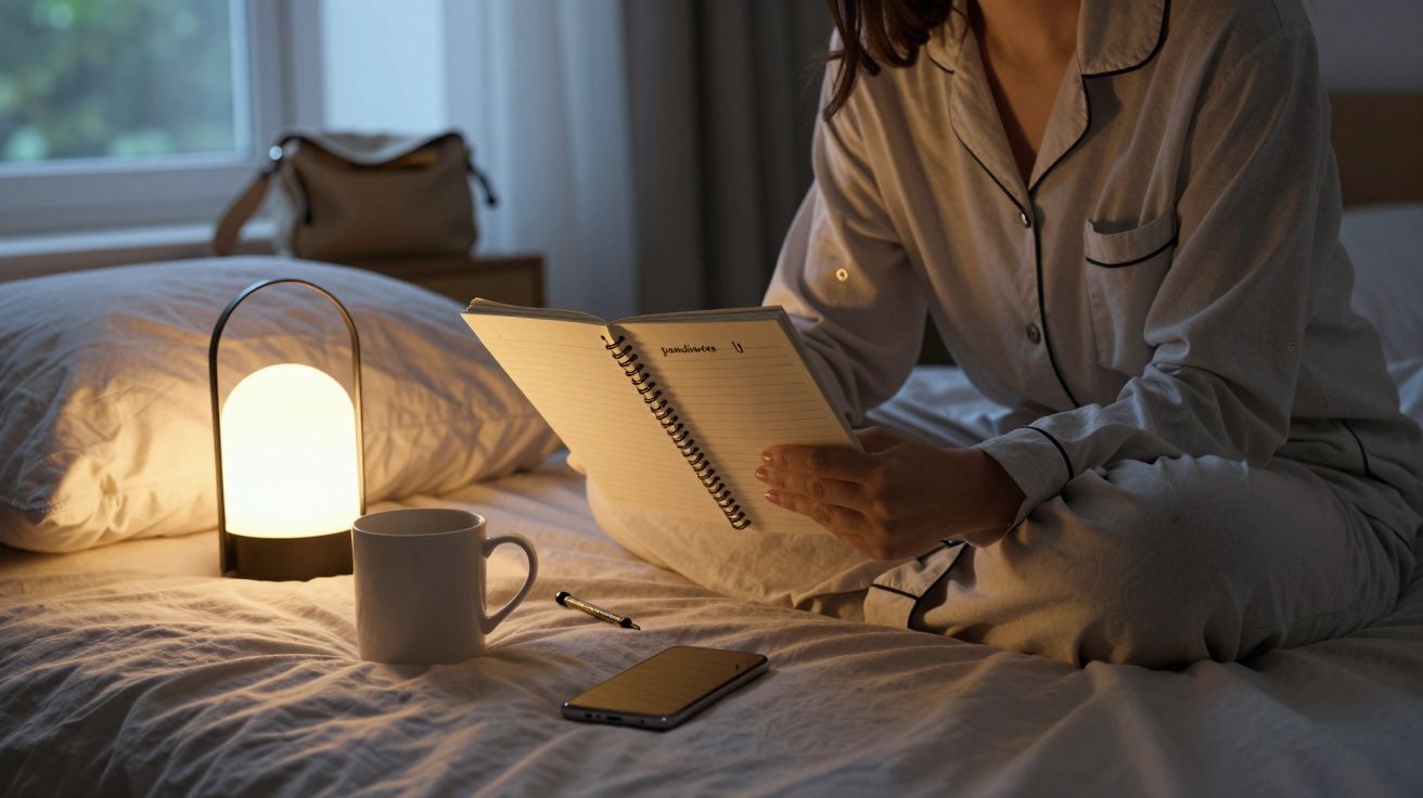 Mujer en pijama leyendo un cuaderno en la cama, luz cálida de lámpara, taza de café y móvil cerca.