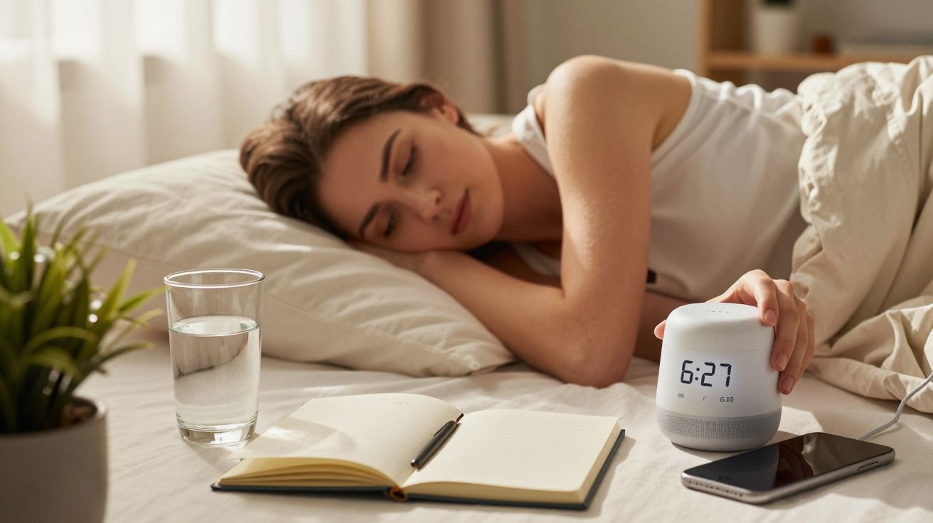 Mujer dormida con despertador digital a las 6:27, vaso de agua, cuaderno y móvil en mesita junto a la cama.