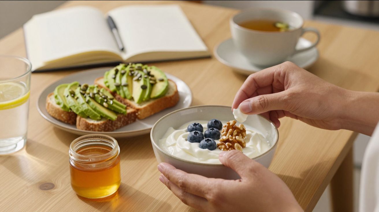 Manos decorando yogur con nueces y arándanos, junto a tostadas de aguacate, miel y té en una mesa.
