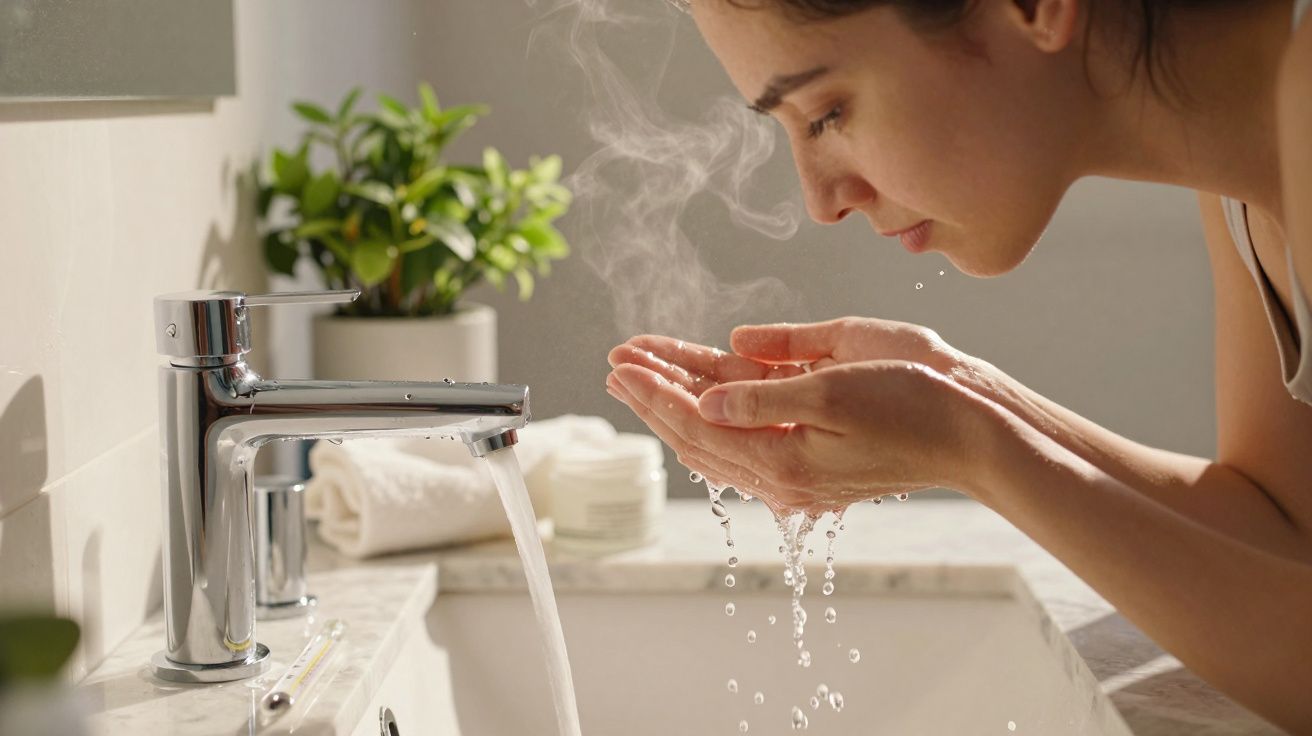 Mujer lavándose la cara con agua de un grifo en un baño iluminado.