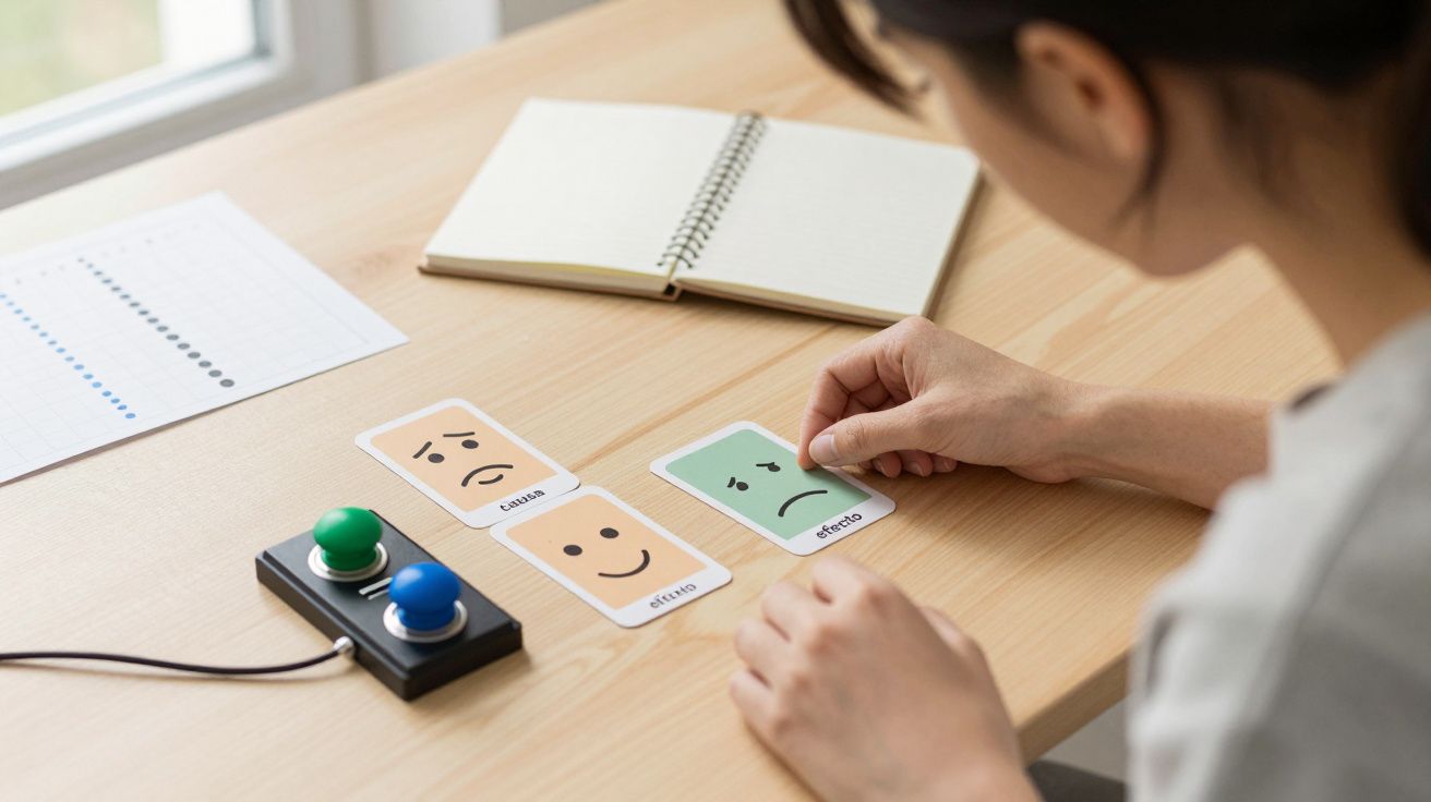 Persona usando tarjetas con expresiones faciales junto a un bloc de notas y un dispositivo con botones en una mesa.