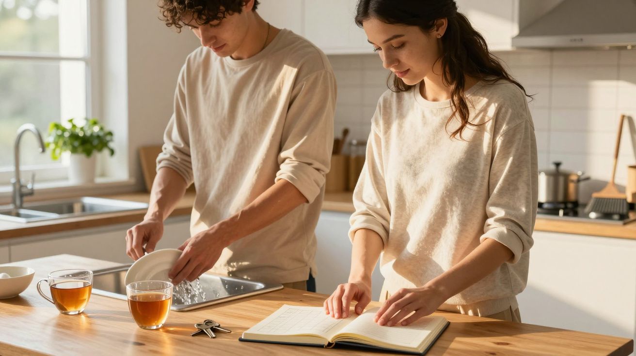 Pareja en cocina luminosa, él lava platos y ella lee un cuaderno. Dos tazas de té en la encimera.