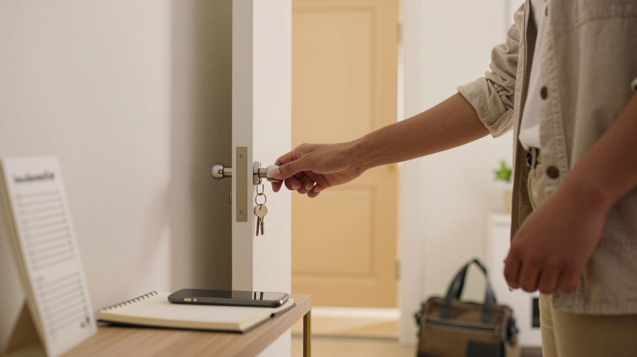 Persona abriendo una puerta blanca con una llave; sobre la mesa hay un bolso, un cuaderno y un móvil.