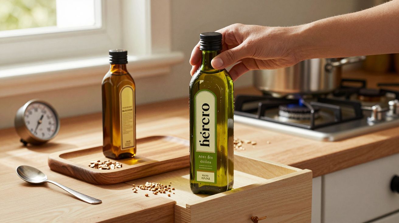 Persona sosteniendo una botella de aceite de oliva en una cocina junto a una encimera de madera y utensilios.