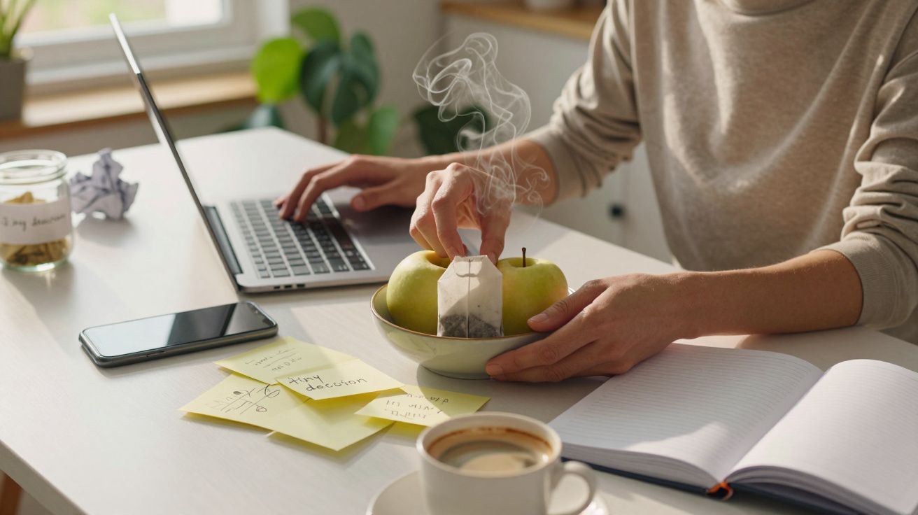 Persona trabajando en portátil con notas y una taza de café en la mesa, junto a una manzana con bolsa de té humeante.
