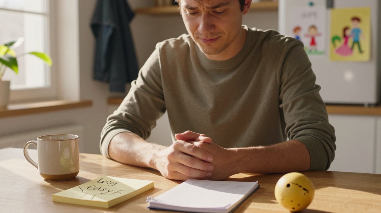 Hombre pensativo sentado a la mesa con cuaderno, taza y bola amarilla sobre ella, luz natural entrando por la ventana.