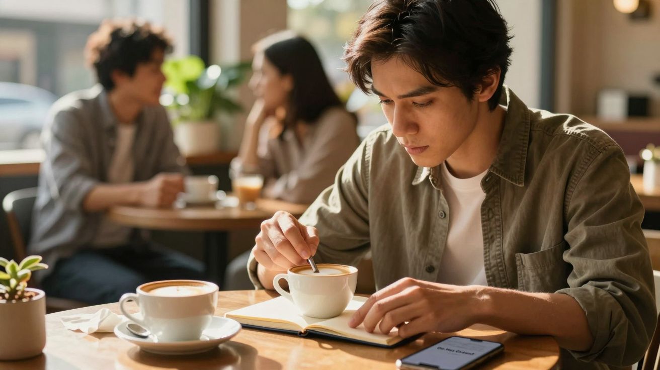 Hombre joven en cafetería, escribiendo en un cuaderno con café, mientras dos personas conversan al fondo.