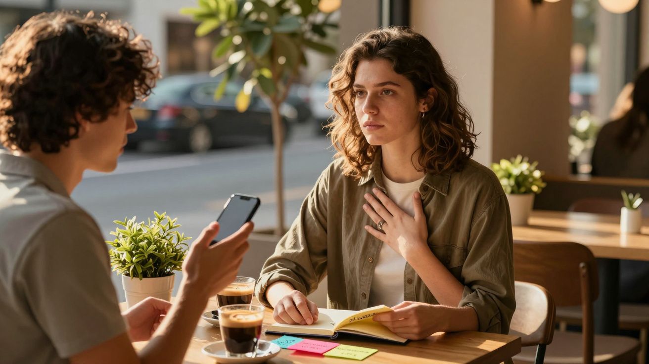 Dos personas conversando en una cafetería, una con móvil y otra con cuaderno, tazas de café en la mesa.