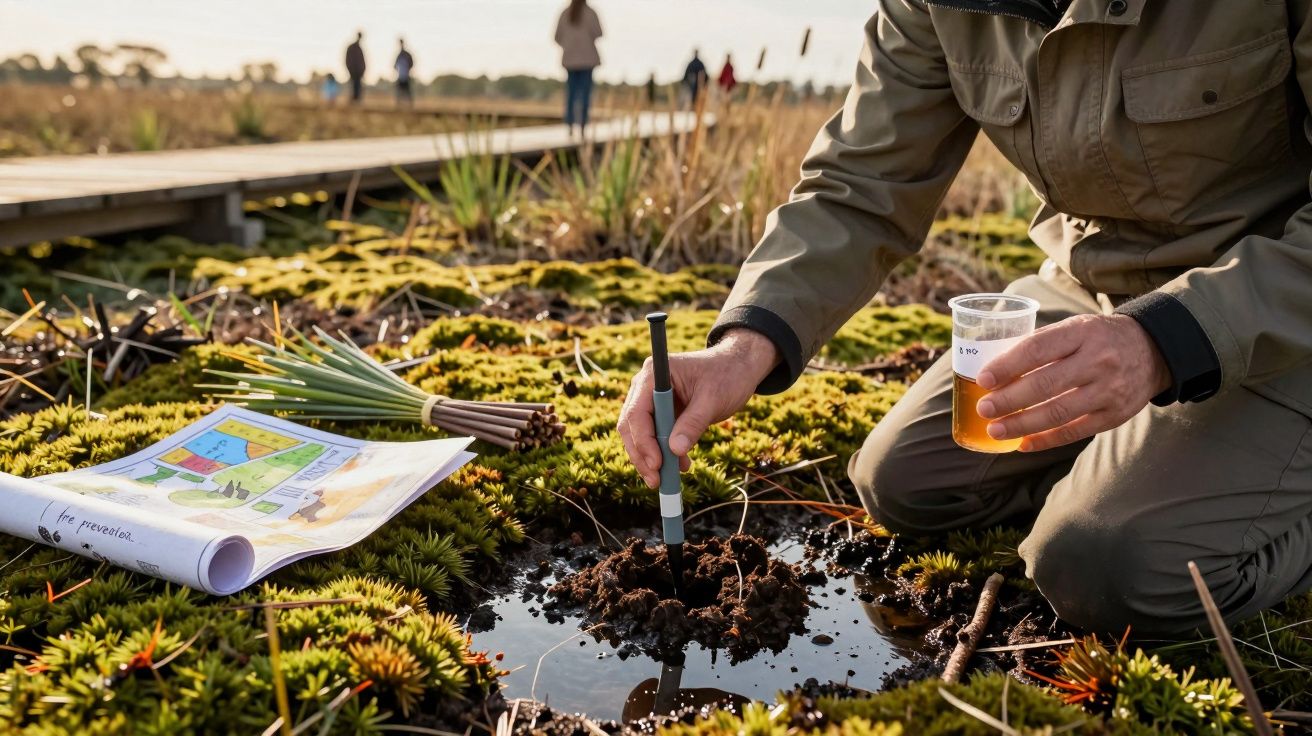 Persona tomando muestras de suelo en un pantano, con plano y vaso de plástico sobre la vegetación.