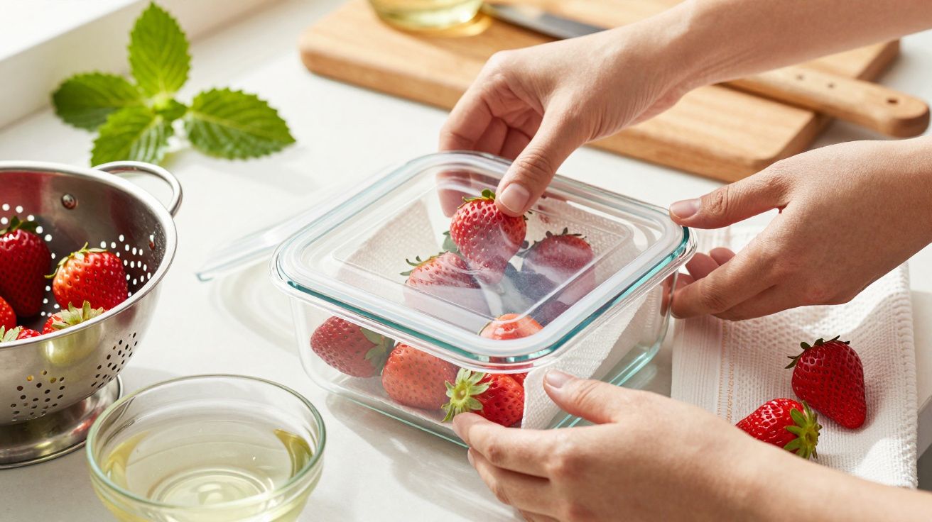 Manos guardando fresas en un recipiente de cristal al lado de un colador con más fresas y hojas de menta.