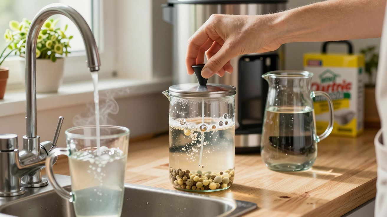 Persona usando un hervidor eléctrico en una encimera de cocina, con agua corriendo en un vaso junto al fregadero.
