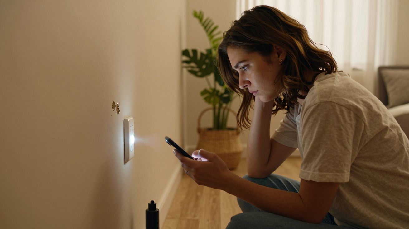 Mujer sentada en el suelo mirando su móvil junto a un enchufe en una habitación iluminada suavemente.